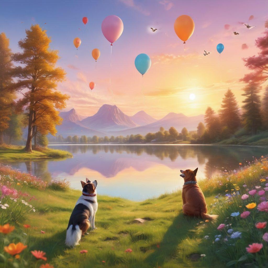 A serene landscape showcasing a vibrant sunrise over a calm lake, reflecting a peaceful sky in pastel hues. In the foreground, a person joyfully practicing yoga on a grassy hill, surrounded by blooming flowers and butterflies. Elements that signify happiness like floating balloons, a cheerful dog running, and friends laughing together in the background. Emphasize warmth and positivity. super-realistic. vibrant colors. soft focus.