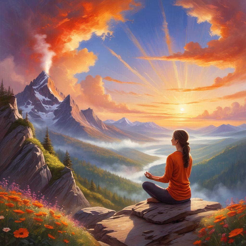 A serene morning scene depicting a person joyfully practicing yoga on a mountain peak, with a vibrant sunrise illuminating the sky. Surrounding the individual are elements like a steaming cup of coffee, an open journal, and blooming flowers that symbolize transformation and adventure. Include soft, swirling clouds and rays of sunlight breaking through, creating a magical atmosphere. painting. warm colors. light texture.