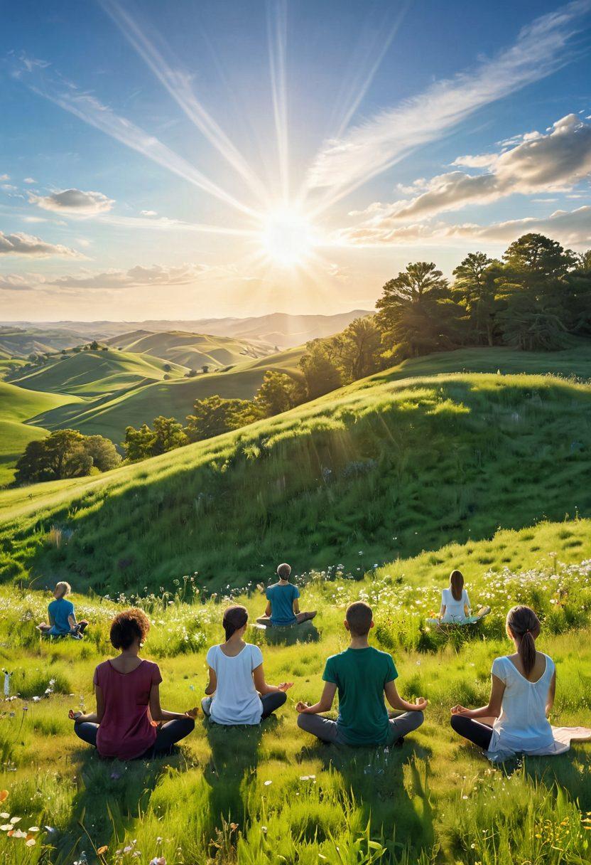 A serene landscape depicting a lush green field with vibrant wildflowers under a bright blue sky, where a diverse group of people is joyfully meditating and practicing mindfulness. Ethereal light beams radiate from above, symbolizing euphoria and positive energy. Gentle rolling hills in the background add to the tranquil setting, inviting viewers to experience ultimate joy. soft focus. vibrant colors. 3D.